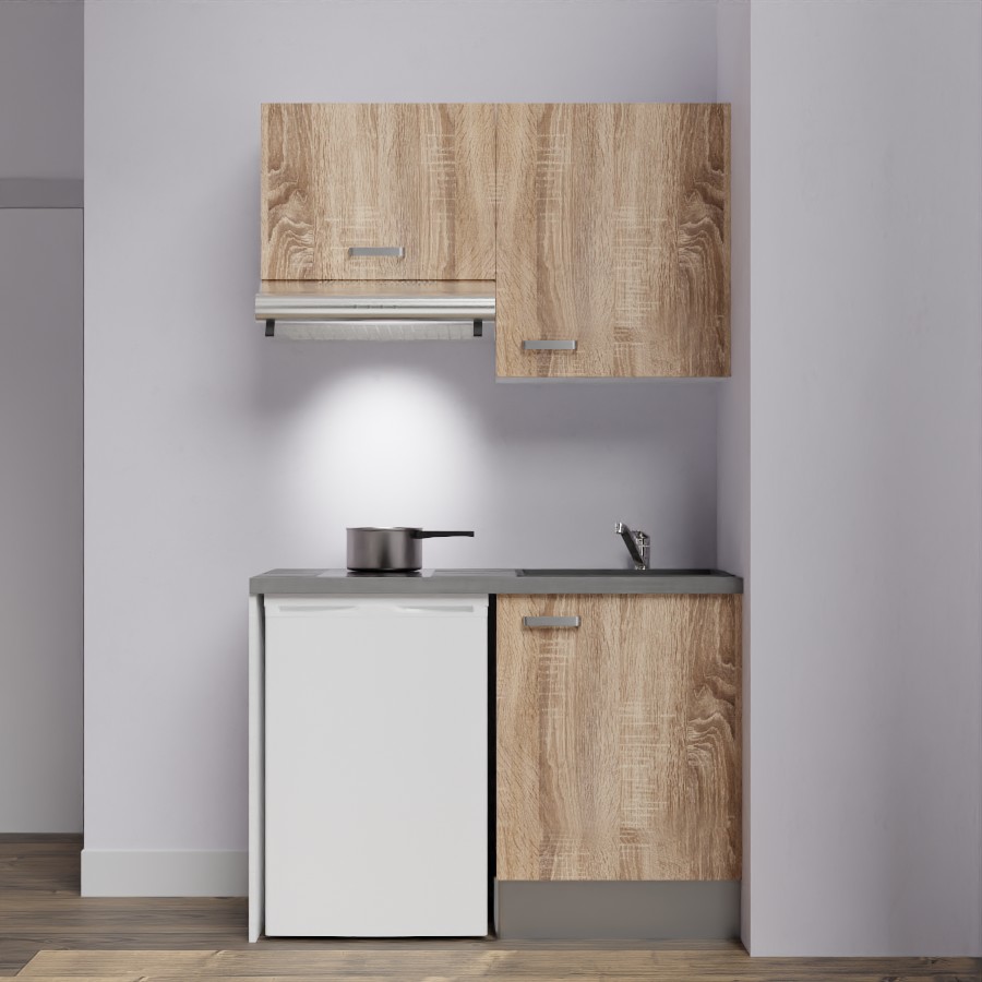 K01L-PT : Kitchenette 120 cm Chêne, plan de travail gris, cuve noire