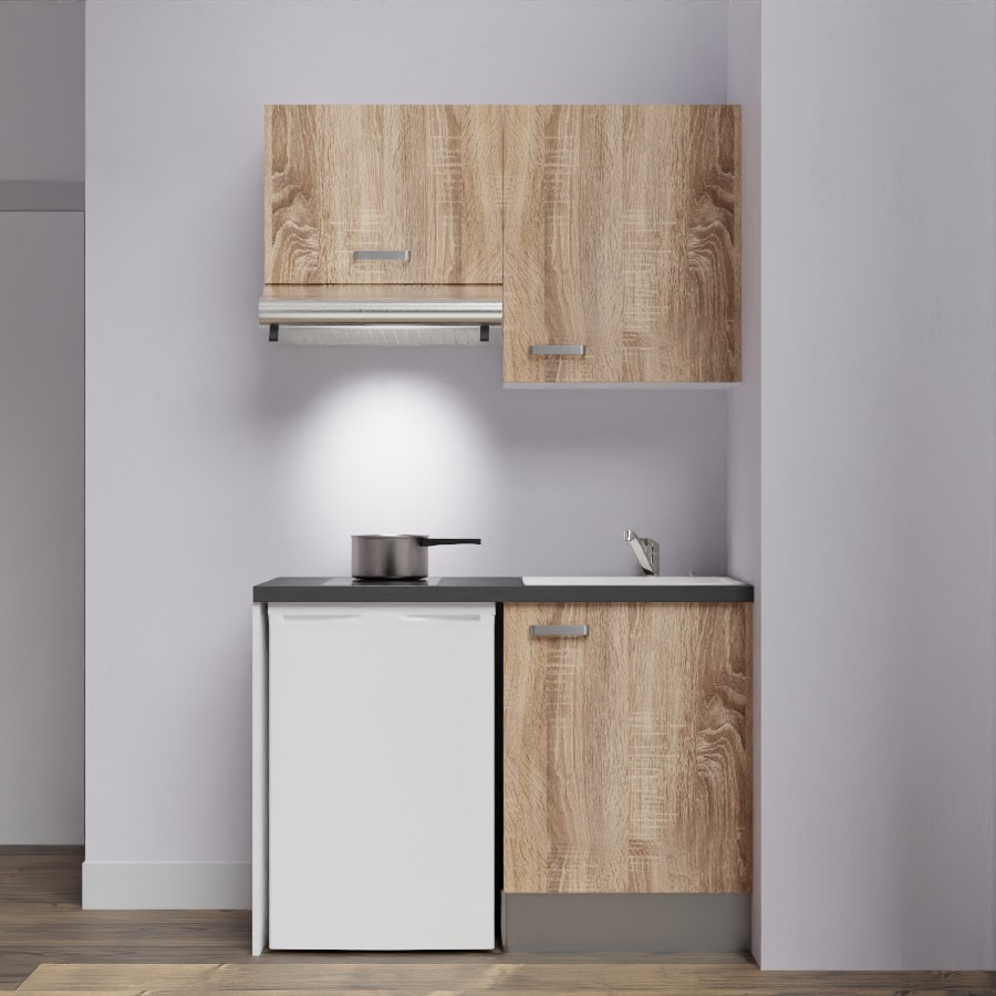 K01L-PT : Kitchenette 120 cm Chêne, plan de travail noir, cuve blanche