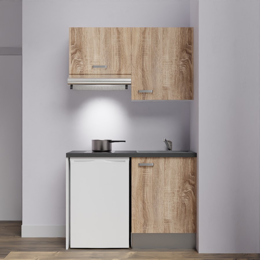 K01L-PT : Kitchenette 120 cm Chêne, plan de travail noir, cuve grise