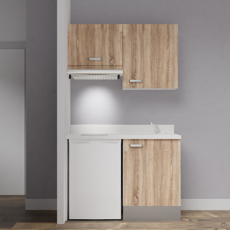 Visuel de la kitchenette modèle K01 120 cm linéaire meuble bas et haut coloris Bardolino aspect bois avec plan de travail monobloc en quartz blanc snova évier à droite