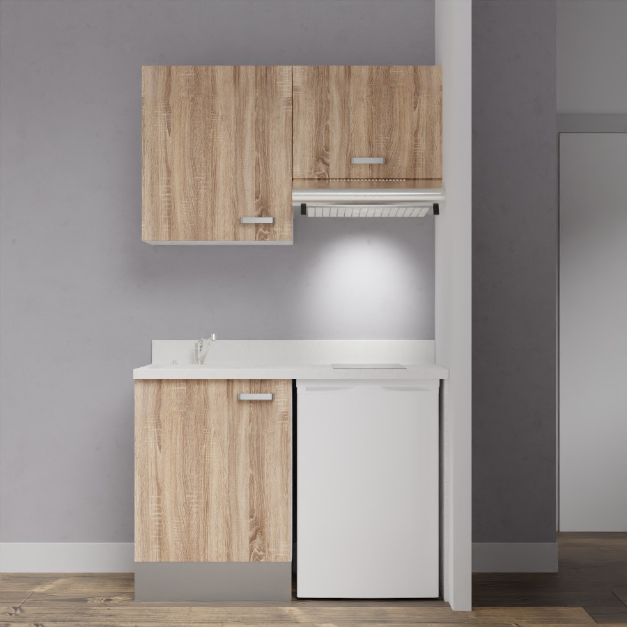 Visuel de la kitchenette modèle K01 120 cm linéaire meuble bas et haut coloris Bardolino aspect bois avec plan de travail monobloc en quartz blanc snova évier à gauche