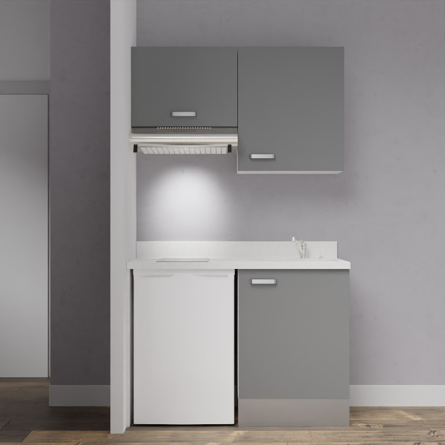 Visuel de la kitchenette modèle K01 120 cm linéaire meuble bas et haut coloris gris macadam avec plan de travail monobloc en quartz blanc snova évier à droite