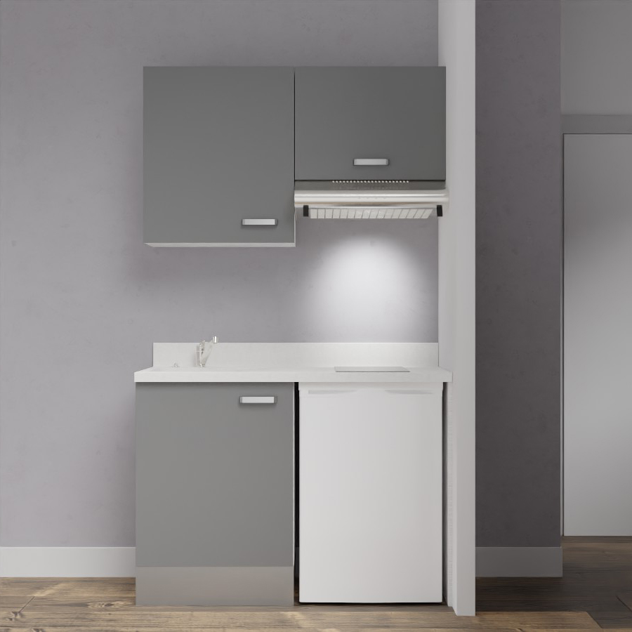 Visuel de la kitchenette modèle K01 120 cm linéaire meuble bas et haut coloris gris macadam avec plan de travail monobloc en quartz blanc snova évier à gauche