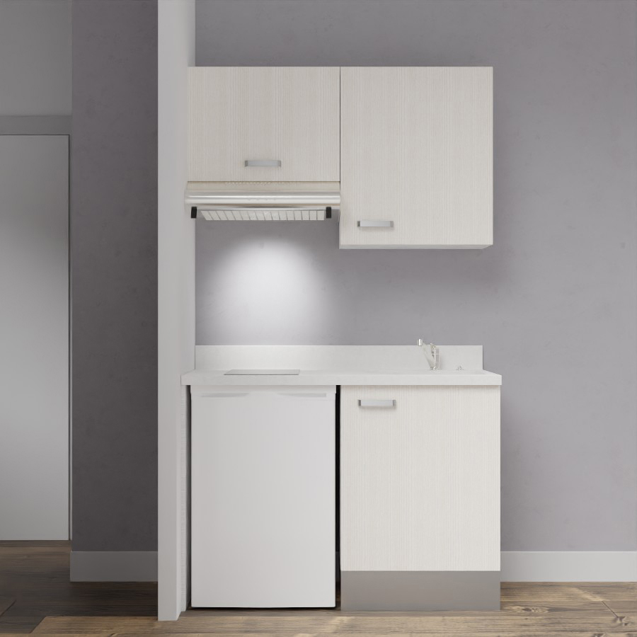Visuel de la kitchenette modèle K01 120 cm linéaire meuble bas et haut coloris Pin blanc avec plan de travail monobloc en quartz blanc évier à droite