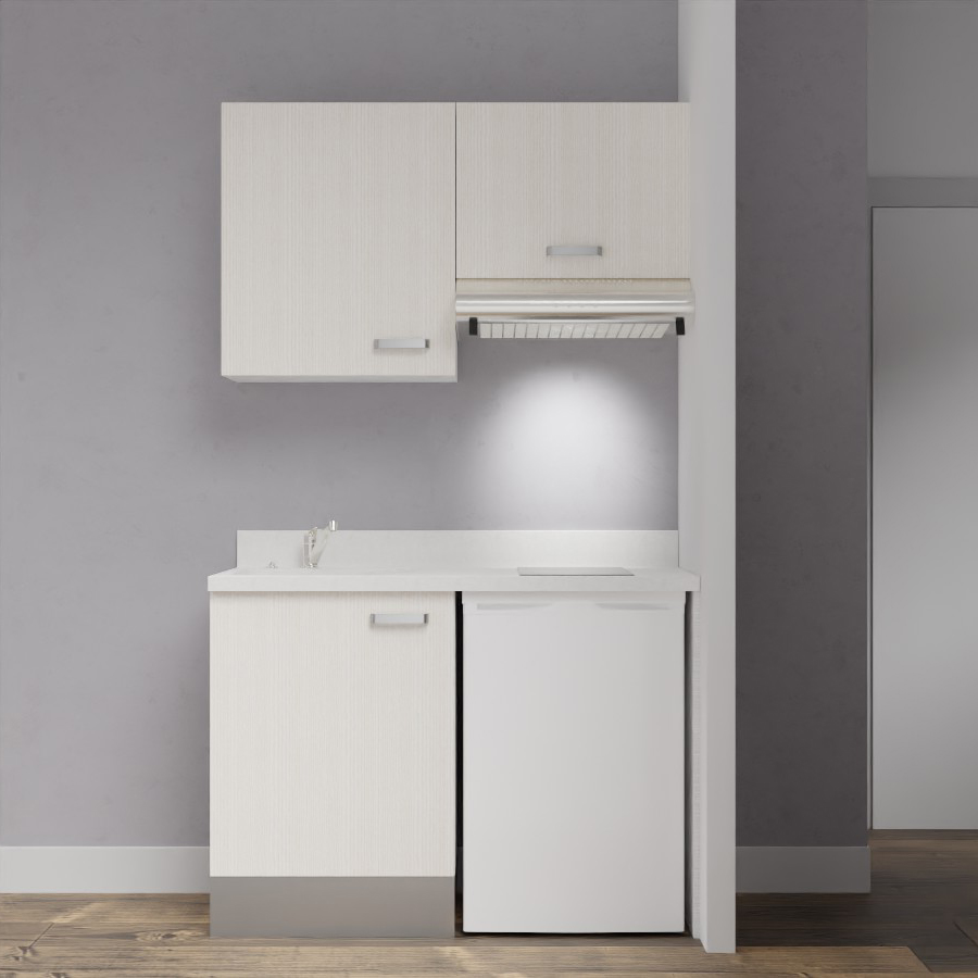 Visuel de la kitchenette modèle K01 120 cm linéaire meuble bas et haut coloris Pin blanc avec plan de travail monobloc en quartz blanc évier à gauche