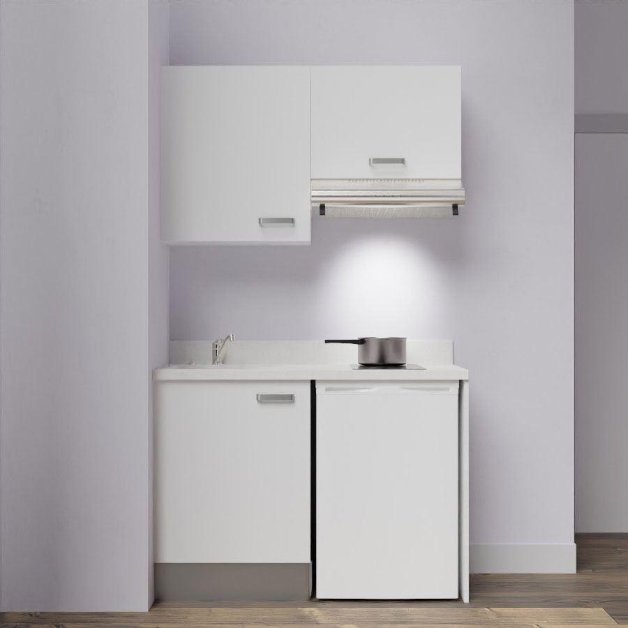 K01L : Kitchenette 120 cm Blanc, plan de travail monobloc évier à gauche Snova