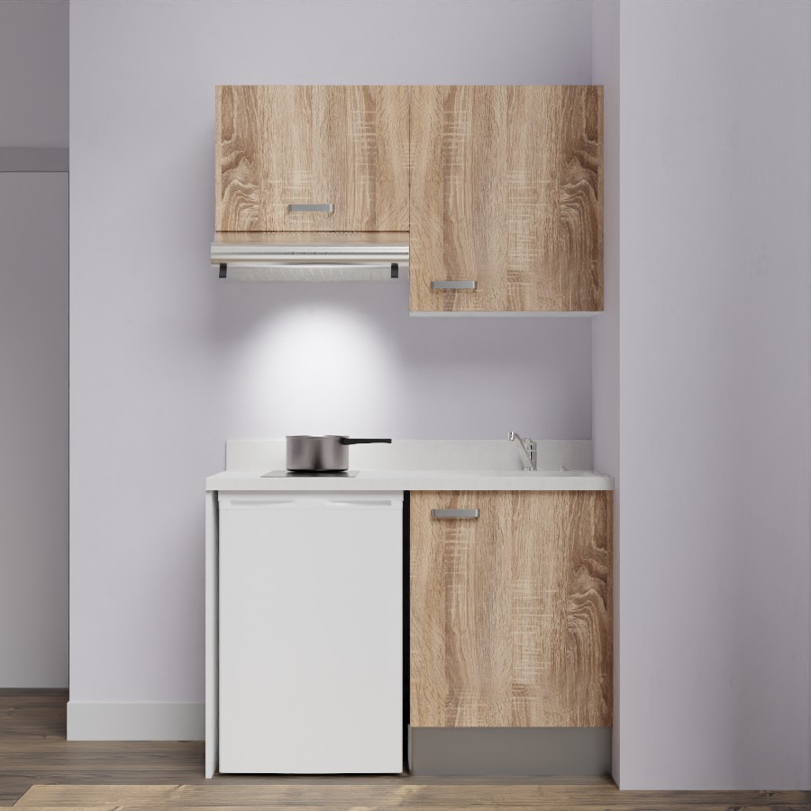 K01L : Kitchenette 120 cm Chêne, plan de travail monobloc évier à droite Snova