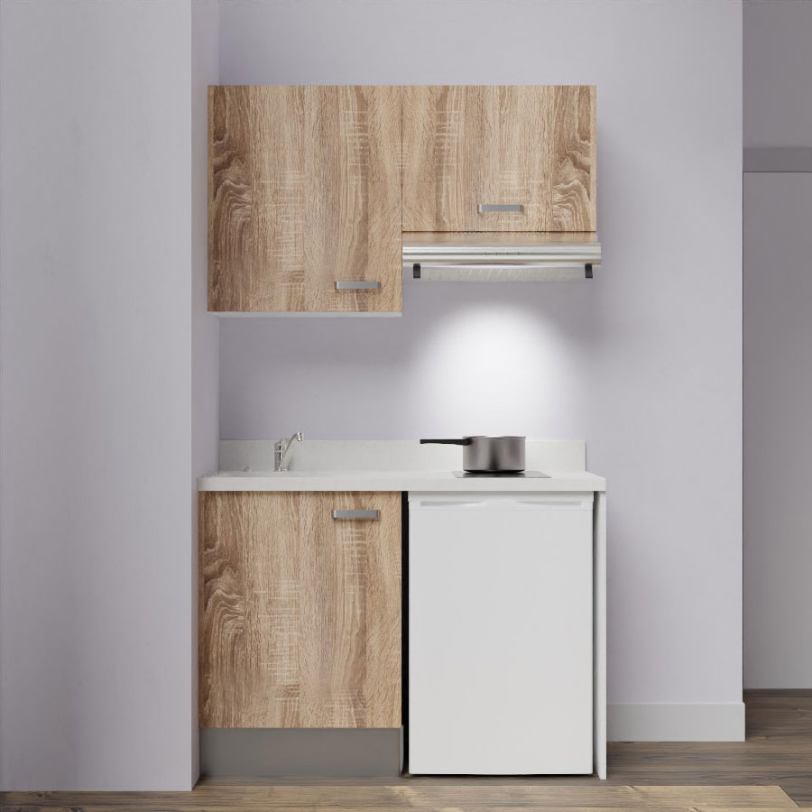 K01L : Kitchenette 120 cm Chêne, plan de travail monobloc évier à gauche Snova