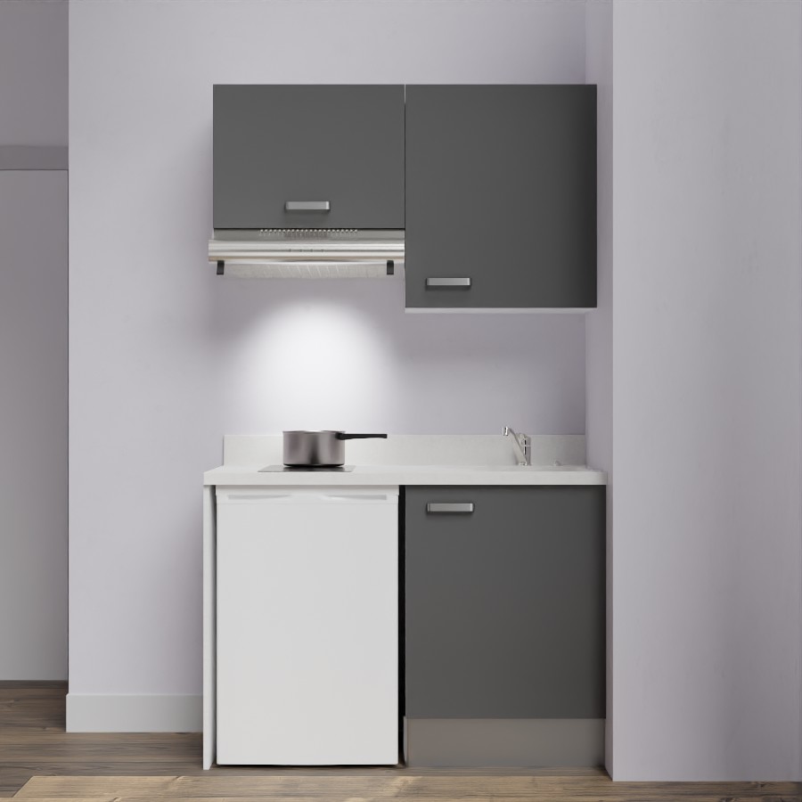 K01L : Kitchenette 120 cm Gris, plan de travail monobloc évier à droite Snova