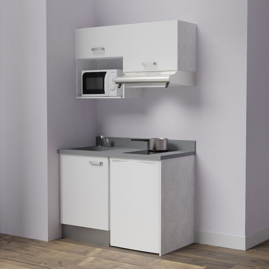 K02L : Kitchenette 120 cm Blanc, plan de travail monobloc évier à gauche Cromo