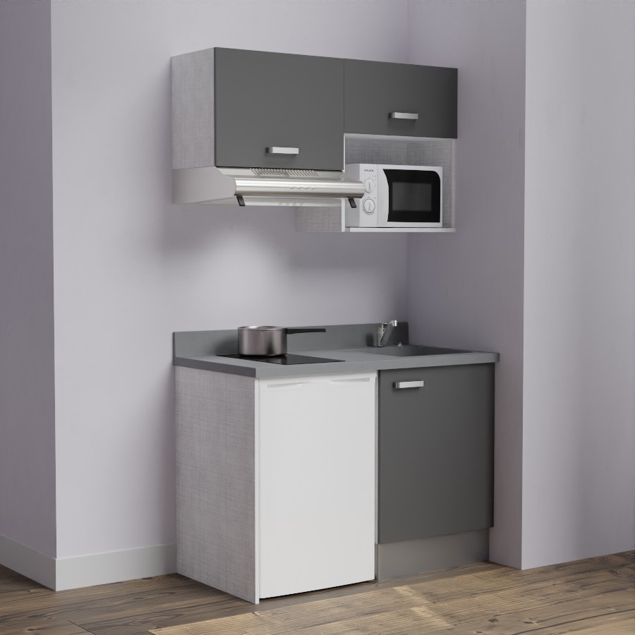 K02L : Kitchenette 120 cm Gris, plan de travail monobloc évier à droite Cromo