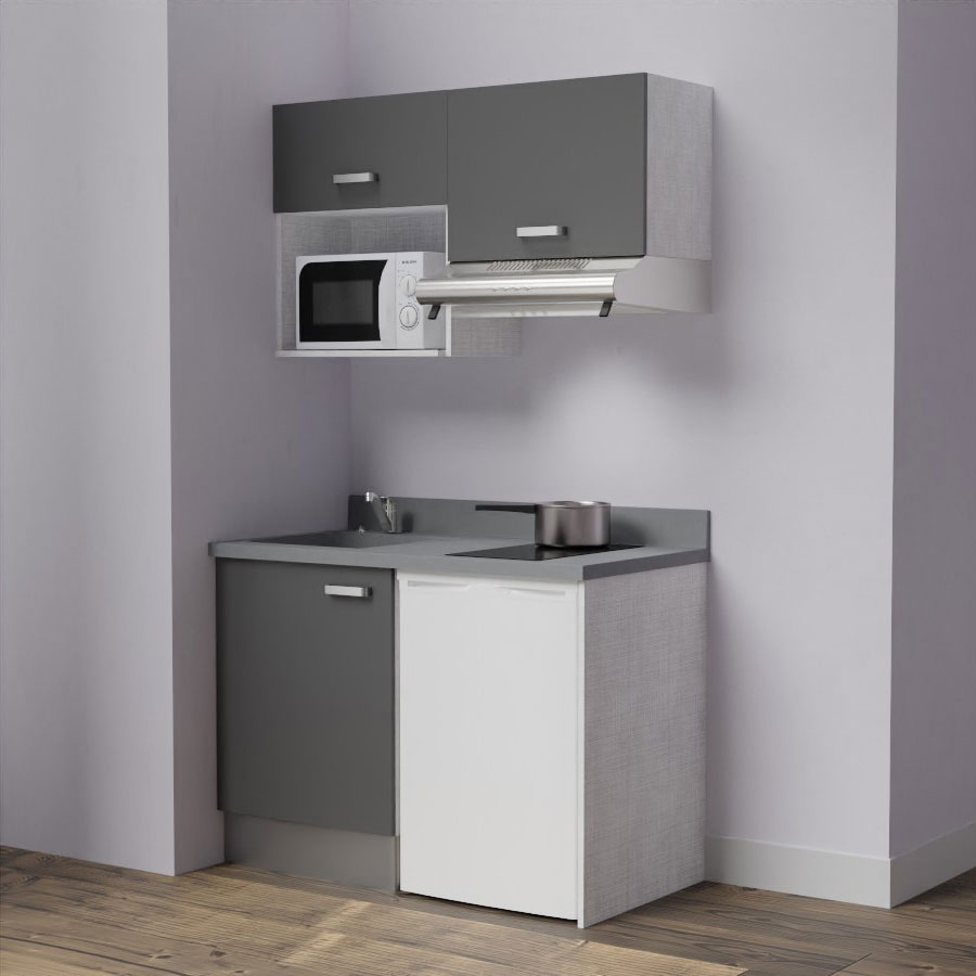 K02L : Kitchenette 120 cm Gris, plan de travail monobloc évier à gauche Cromo