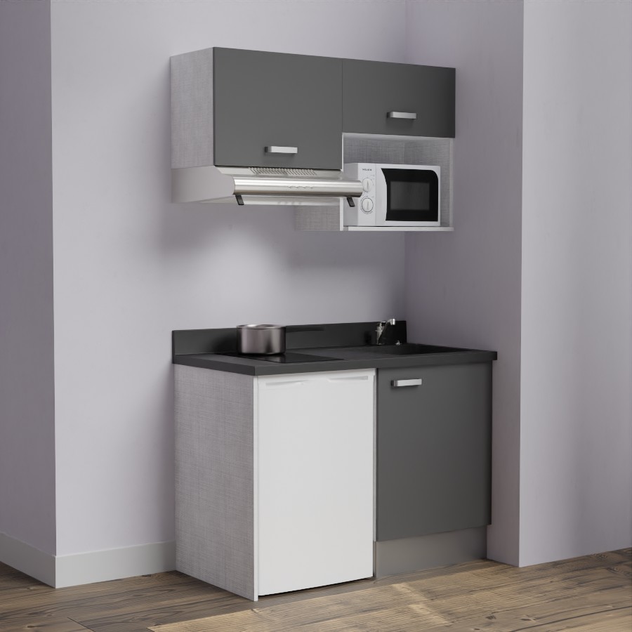 K02L : Kitchenette 120 cm Gris, plan de travail monobloc évier à droite Nero