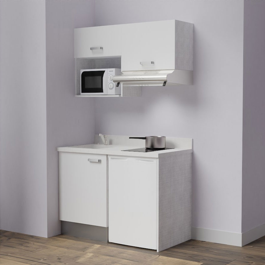 K02L : Kitchenette 120 cm Blanc, plan de travail monobloc évier à gauche Snova