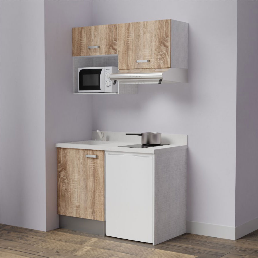 K02L : Kitchenette 120 cm Chêne, plan de travail monobloc évier à gauche Snova