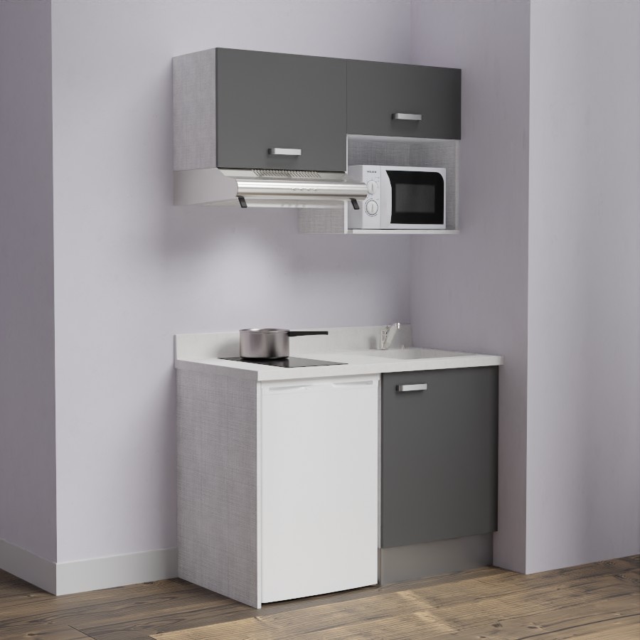 K02L : Kitchenette 120 cm Gris, plan de travail monobloc évier à droite Snova