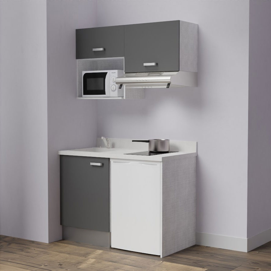 K02L : Kitchenette 120 cm Gris, plan de travail monobloc évier à gauche Snova