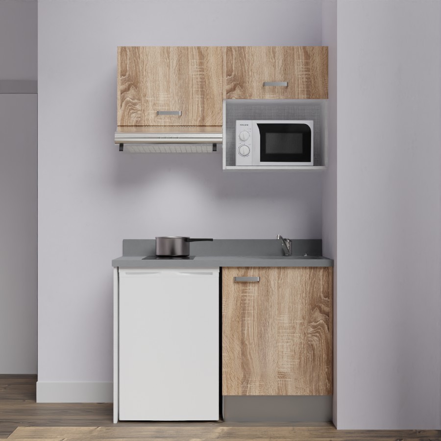 K02L : Kitchenette 120 cm Chêne, plan de travail monobloc évier à droite Cromo