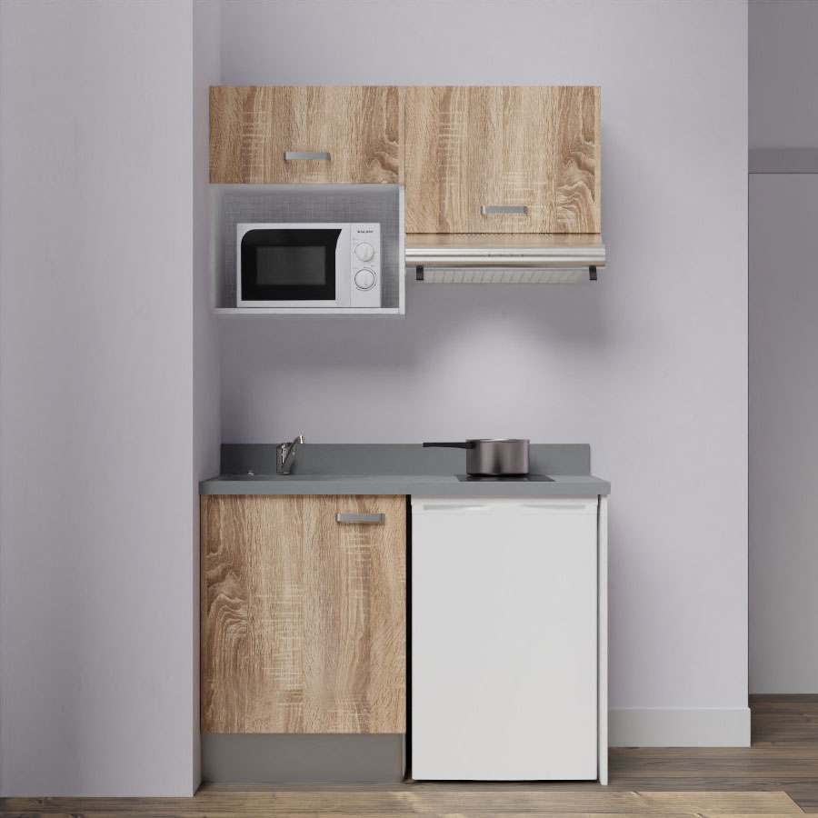 K02L : Kitchenette 120 cm Chêne, plan de travail monobloc évier à gauche Cromo