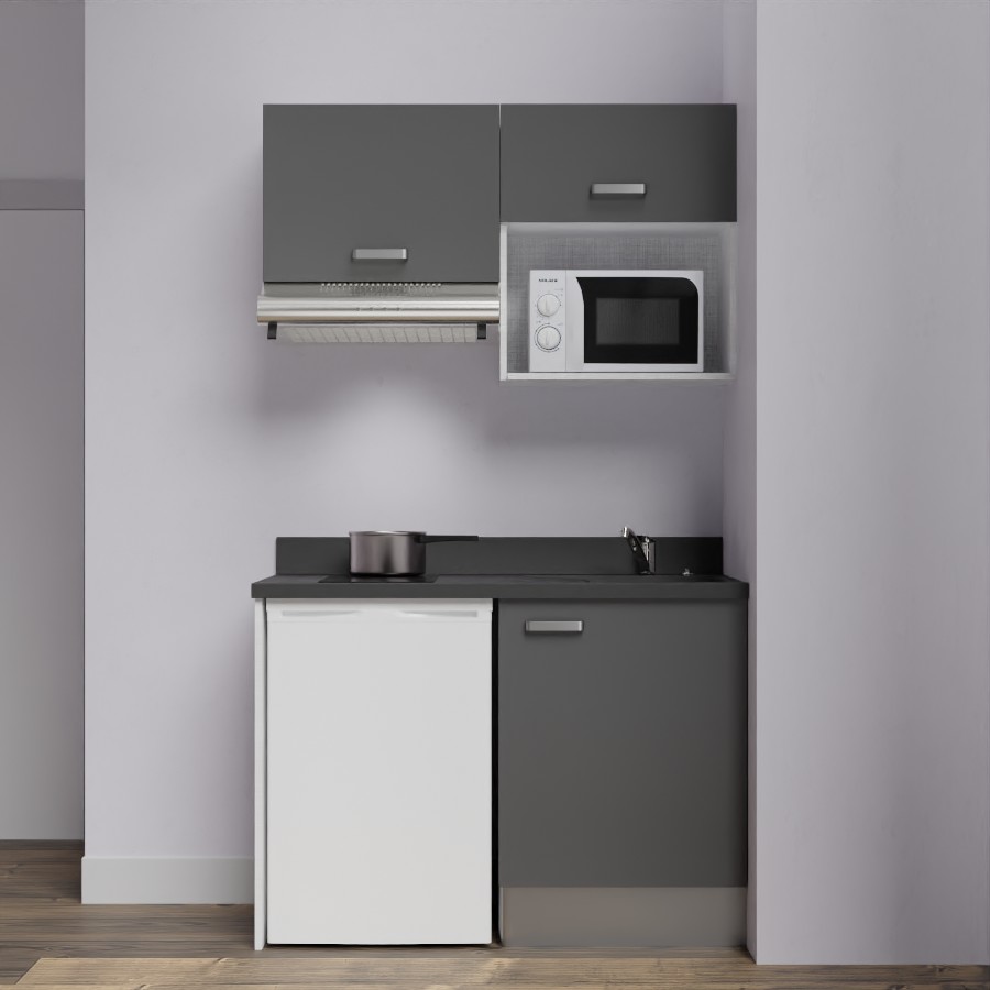 K02L : Kitchenette 120 cm Gris, plan de travail monobloc évier à droite Nero