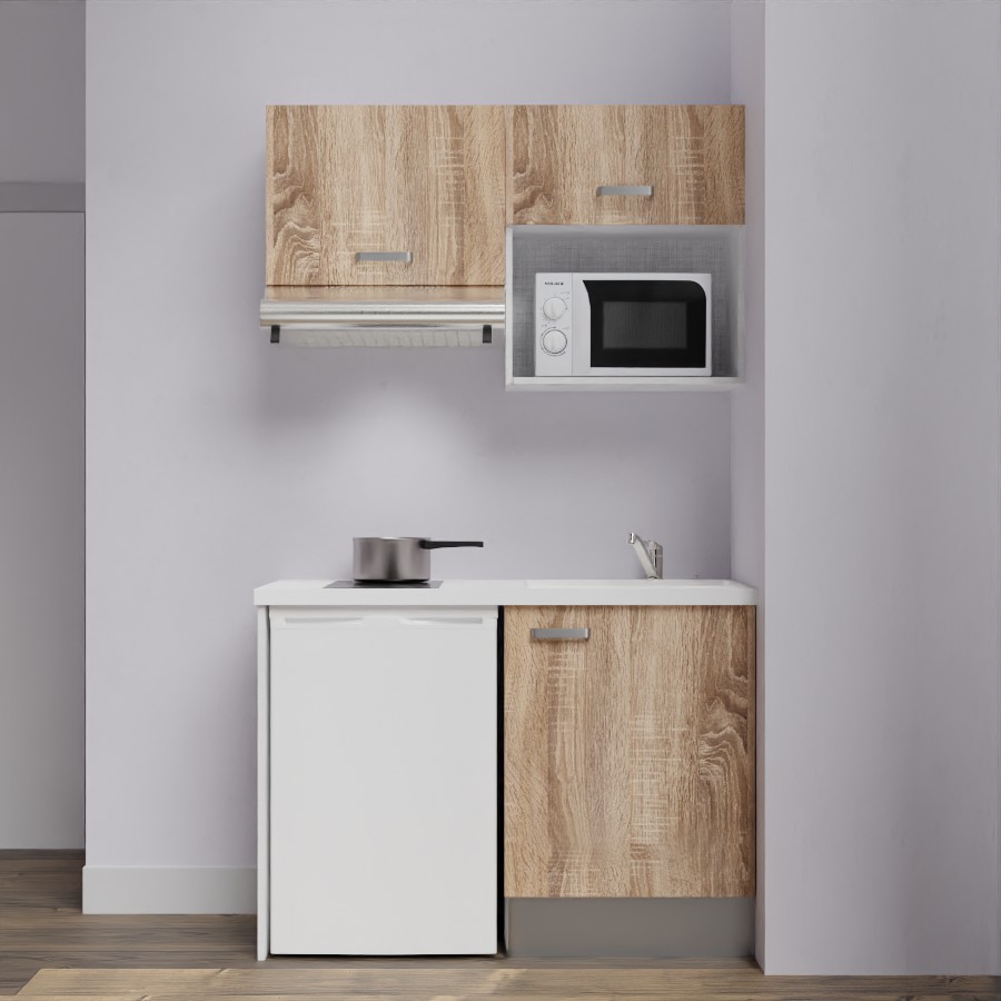 K02L-PT : Kitchenette 120 cm façades Chêne, plan de travail blanc, cuve blanche