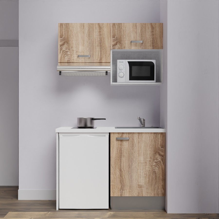 K02L-PT : Kitchenette 120 cm façades Chêne, plan de travail blanc, cuve grise