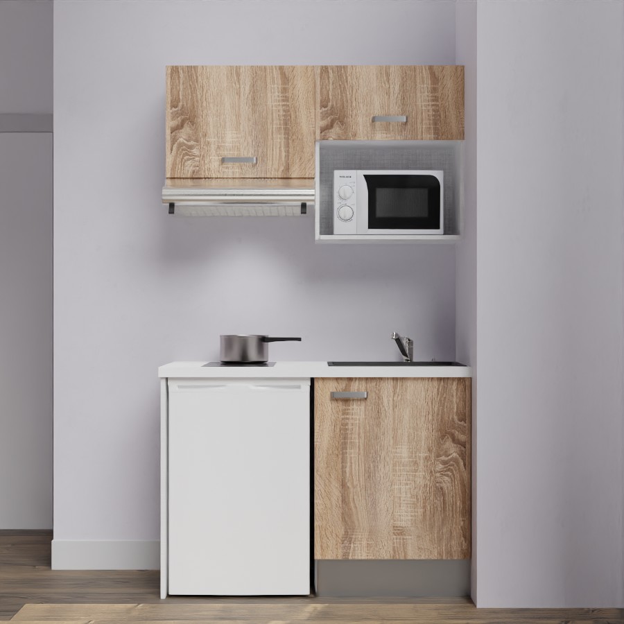 K02L-PT : Kitchenette 120 cm façades Chêne, plan de travail blanc, cuve noire