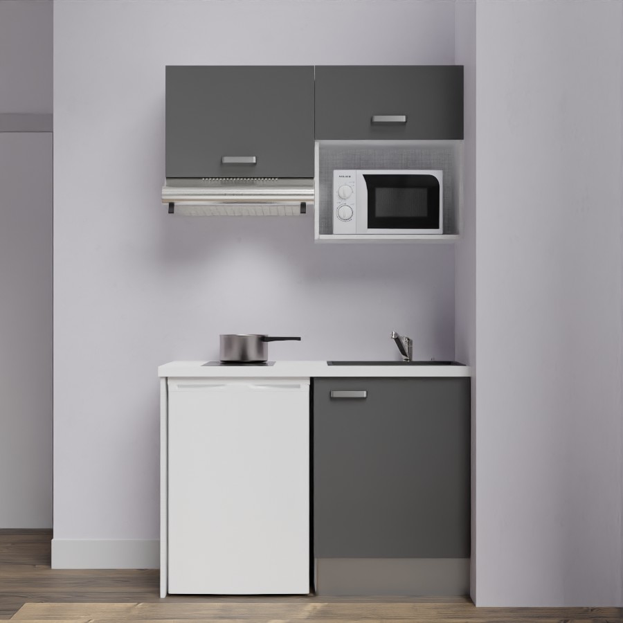 K02L-PT : Kitchenette 120 cm façades grises, plan de travail blanc, cuve noire