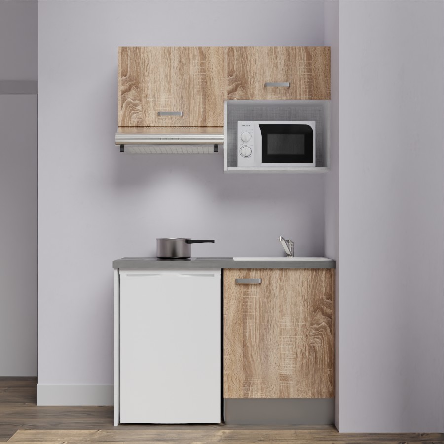 K02L-PT : Kitchenette 120 cm façades Chêne, plan de travail gris, cuve blanche