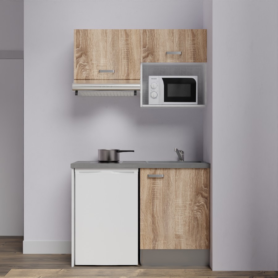 K02L-PT : Kitchenette 120 cm façades Chêne, plan de travail gris, cuve grise