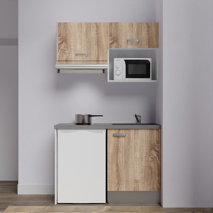 K02L-PT : Kitchenette 120 cm façades Chêne, plan de travail gris, cuve noire