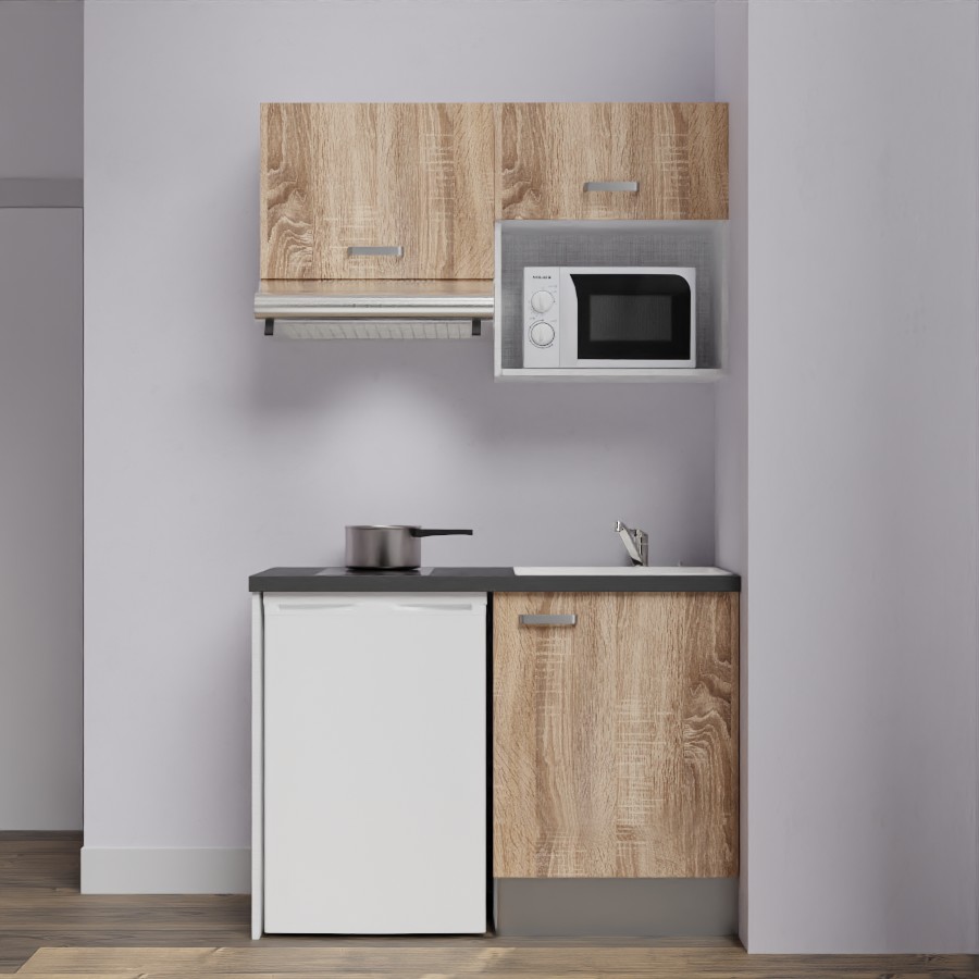 K02L-PT : Kitchenette 120 cm façades Chêne, plan de travail noir, cuve blanche