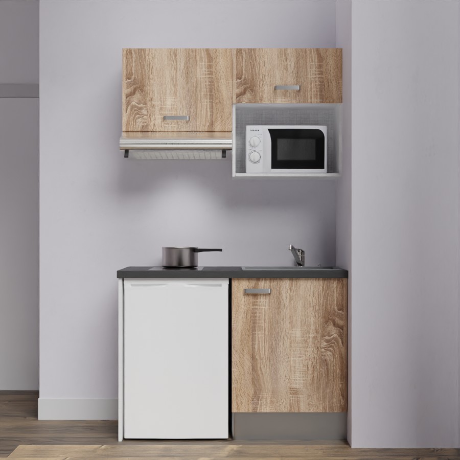 K02L-PT : Kitchenette 120 cm façades Chêne, plan de travail noir, cuve grise