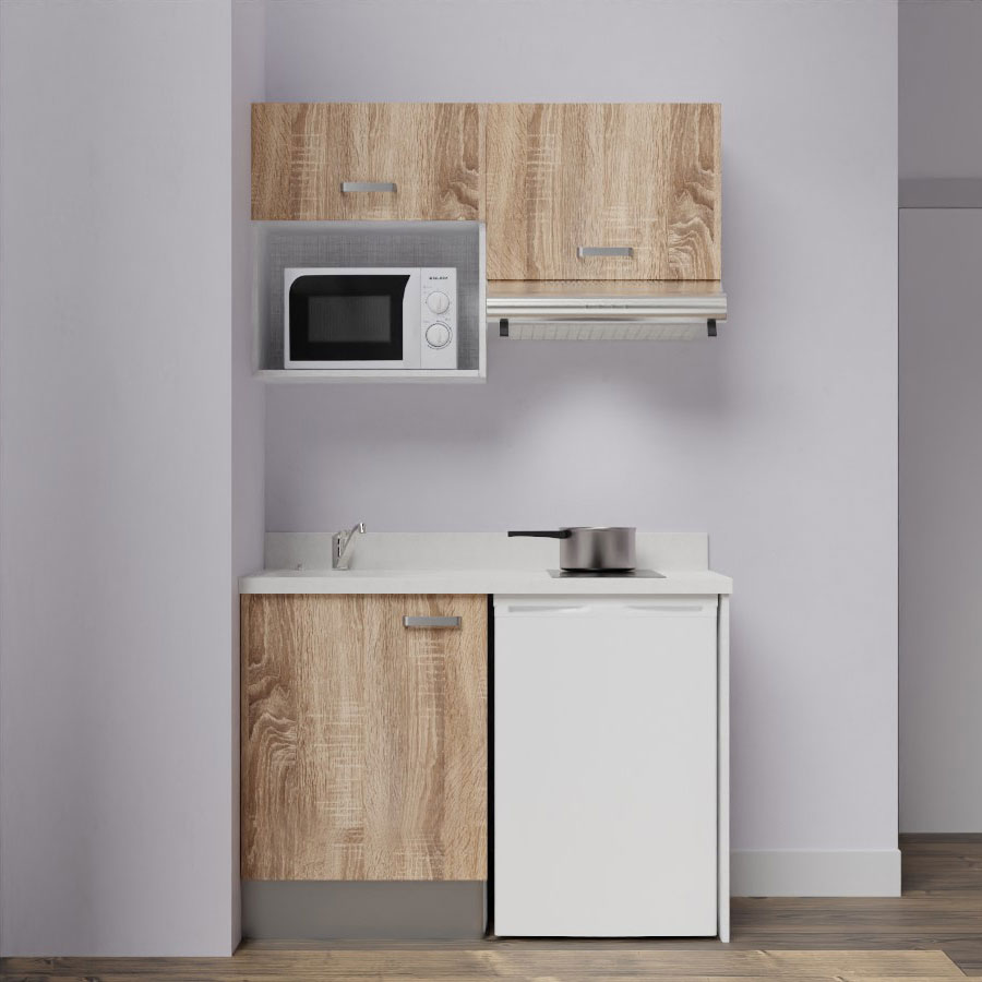 K02L : Kitchenette 120 cm Chêne, plan de travail monobloc évier à gauche Snova