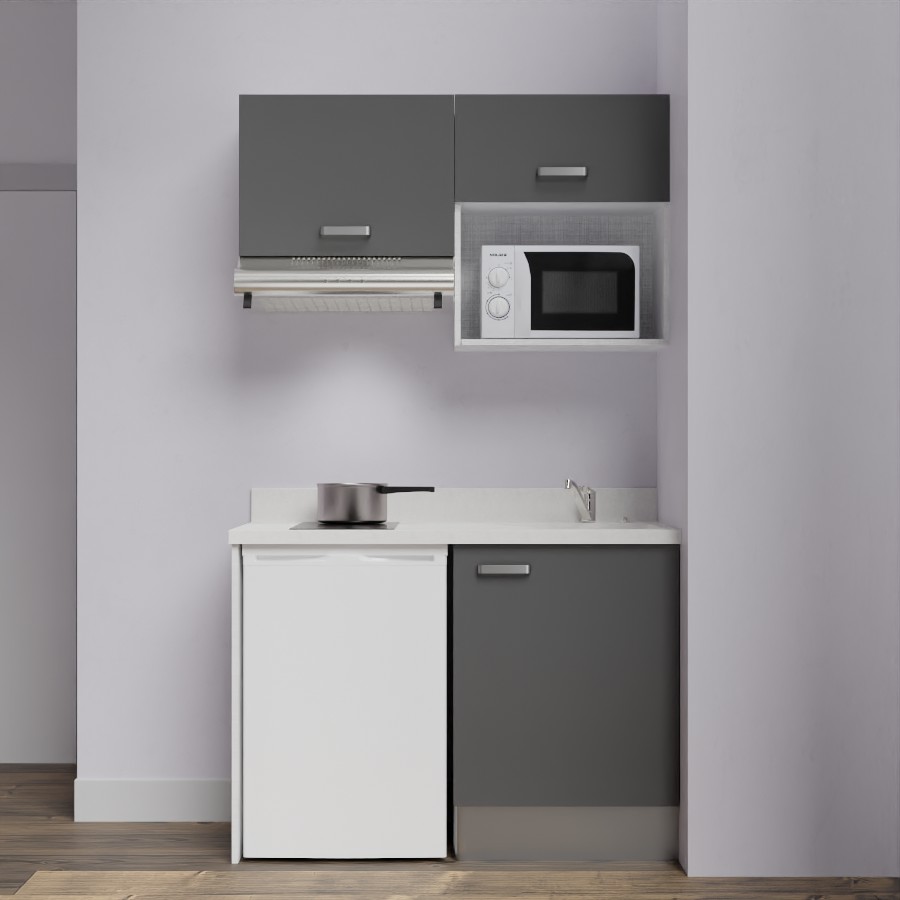 K02L : Kitchenette 120 cm Gris, plan de travail monobloc évier à droite Snova