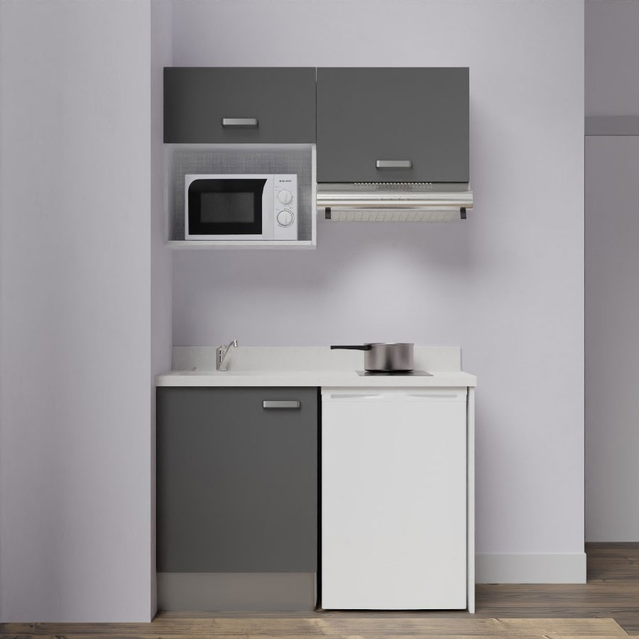 K02L : Kitchenette 120 cm Gris, plan de travail monobloc évier à gauche Snova