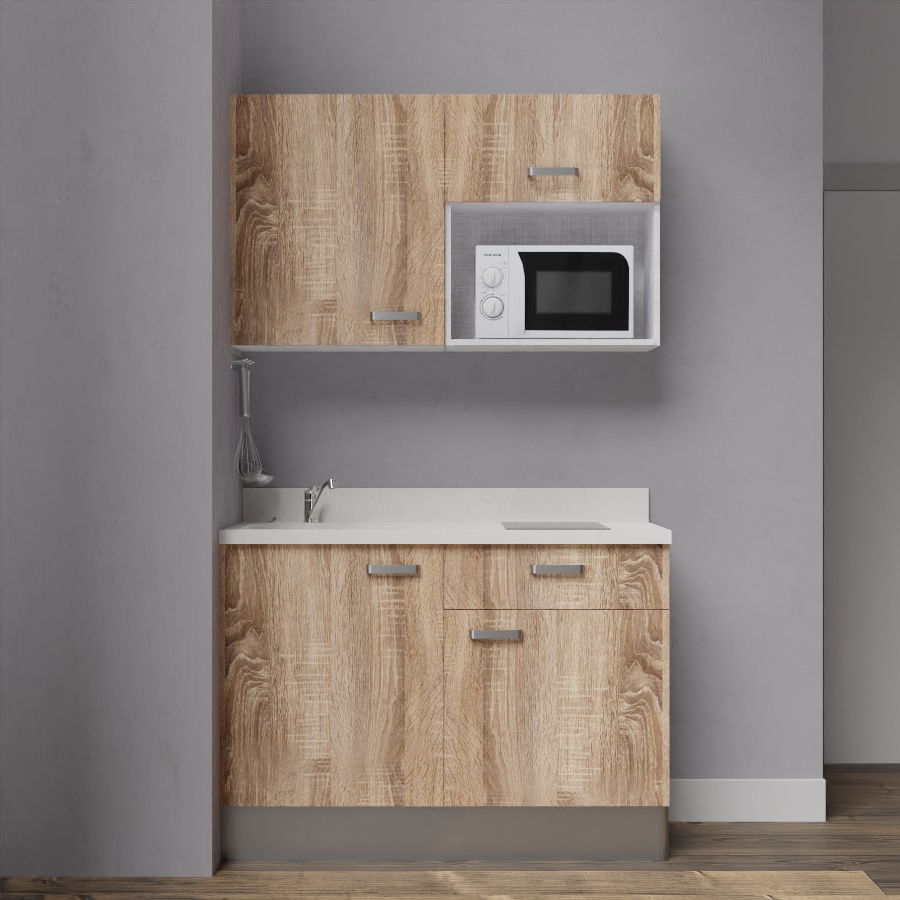 Visuel de la kitchenette 120 cm modèle K06 avec façades bois et plan monobloc blanc snova évier à gauche