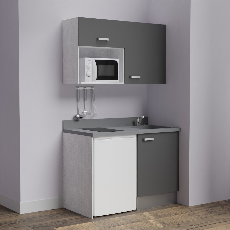 K07L : Kitchenette 120 cm Gris, plan de travail monobloc évier à droite Cromo