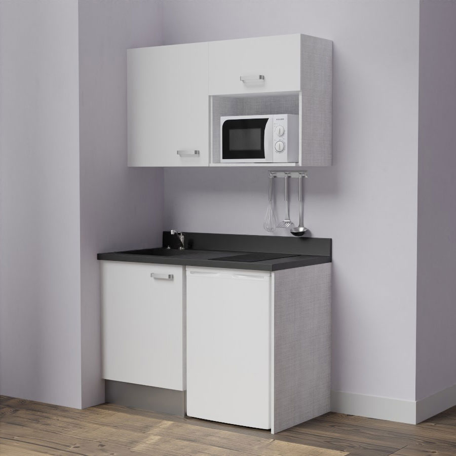 K07L : Kitchenette 120 cm Blanc, plan de travail monobloc évier à gauche Noir