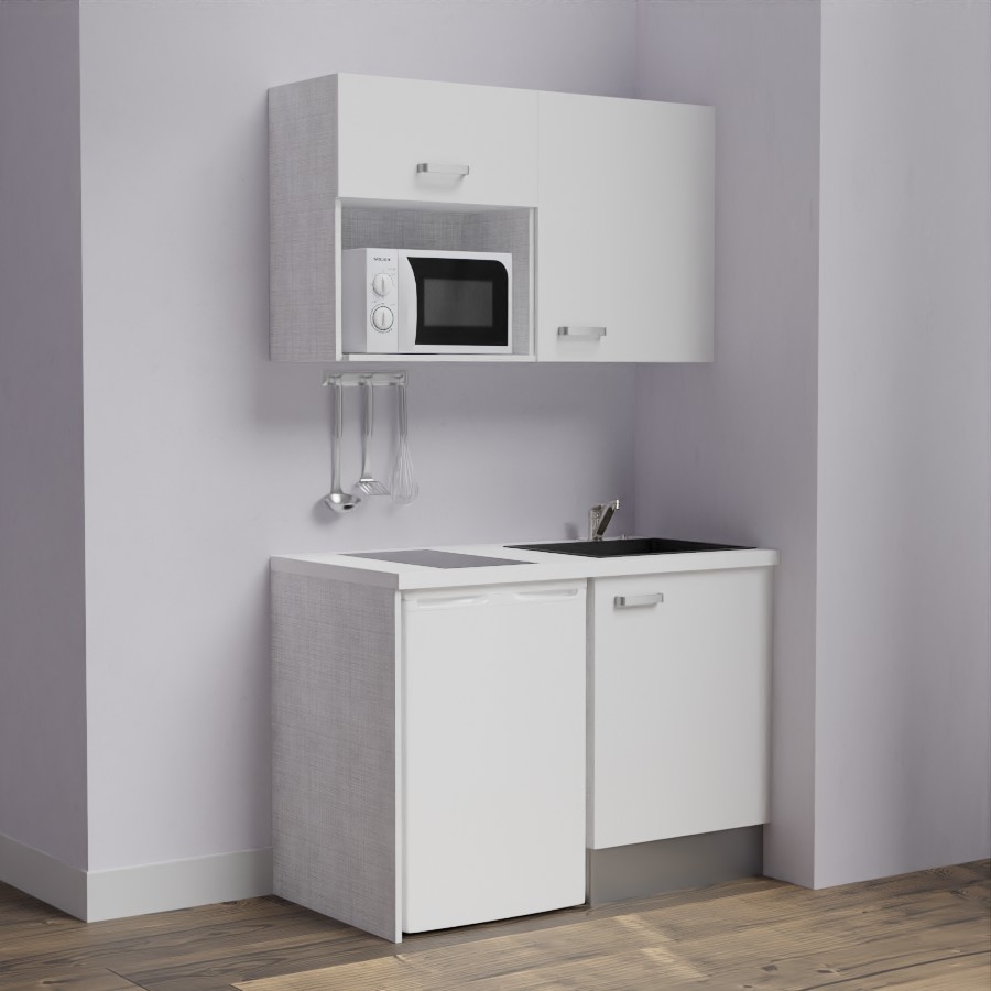 K07L-PT : Kitchenette 120 cm Blanc, plan de travail blanc, cuve noire