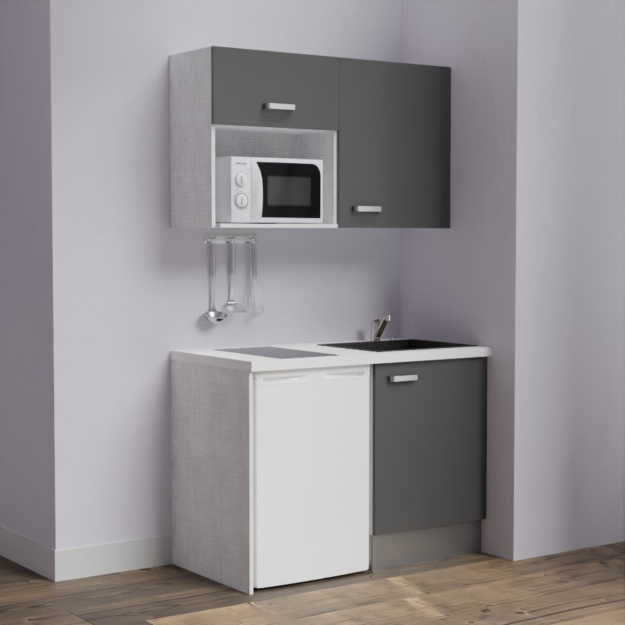 K07L-PT : Kitchenette 120 cm Gris, plan de travail blanc, cuve noire