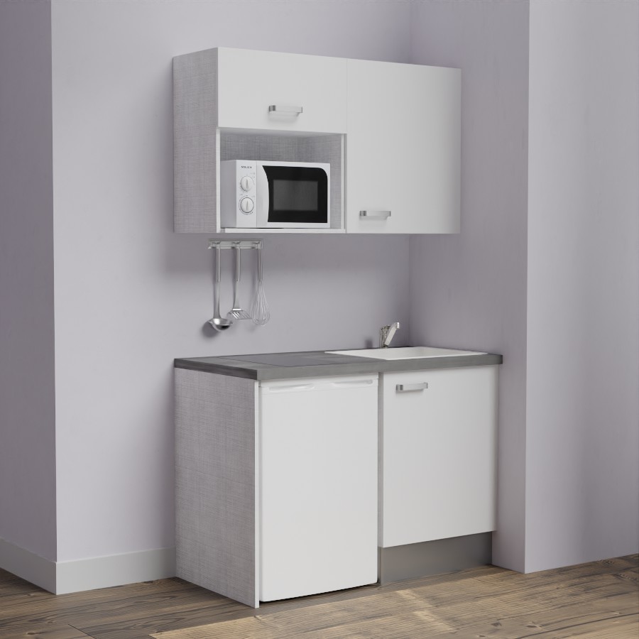 K07L-PT : Kitchenette 120 cm Blanc, plan de travail gris, cuve blanche