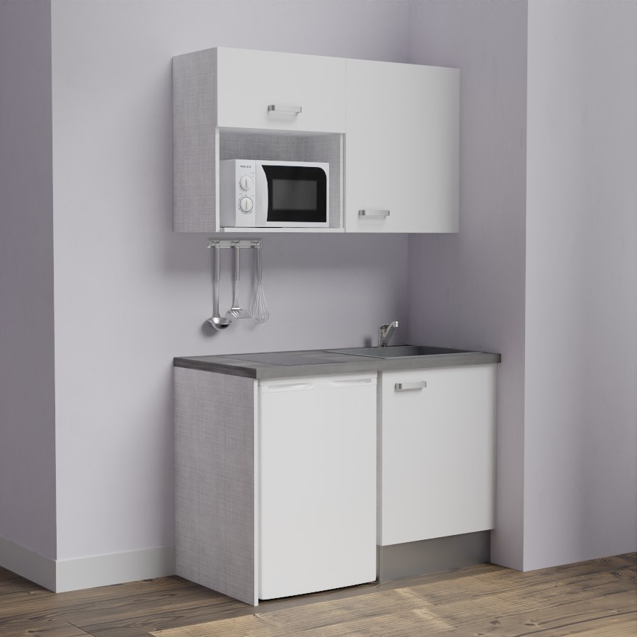 K07L-PT : Kitchenette 120 cm Blanc, plan de travail gris, cuve grise