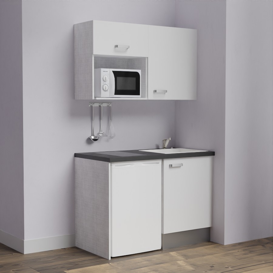 K07L-PT : Kitchenette 120 cm Blanc, plan de travail noir, cuve blanche