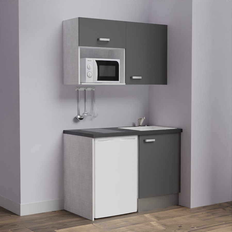 K07L-PT : Kitchenette 120 cm Gris, plan de travail noir, cuve blanche