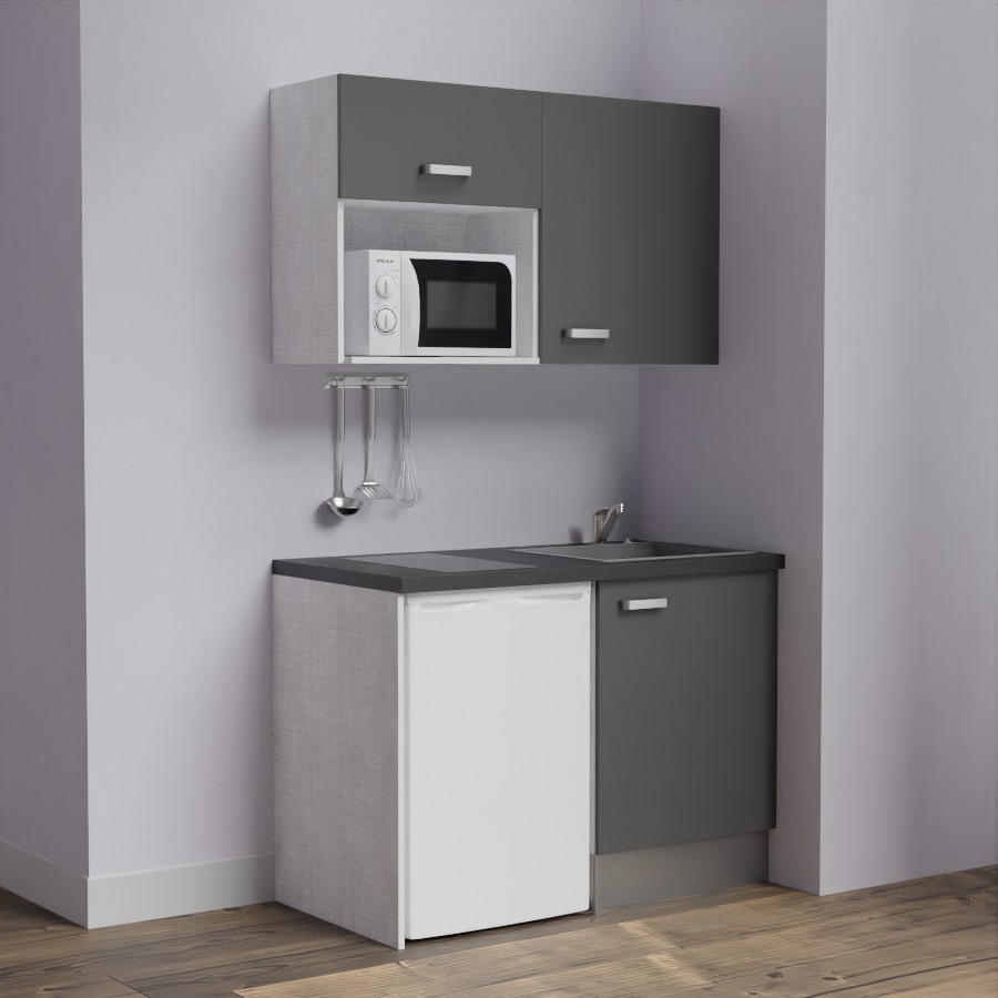 K07L-PT : Kitchenette 120 cm Gris, plan de travail noir, cuve grise