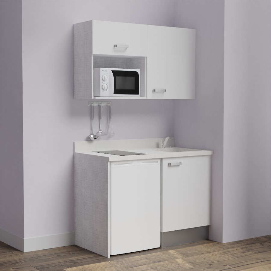 K07L : Kitchenette 120 cm Blanc, plan de travail monobloc évier à droite Snova