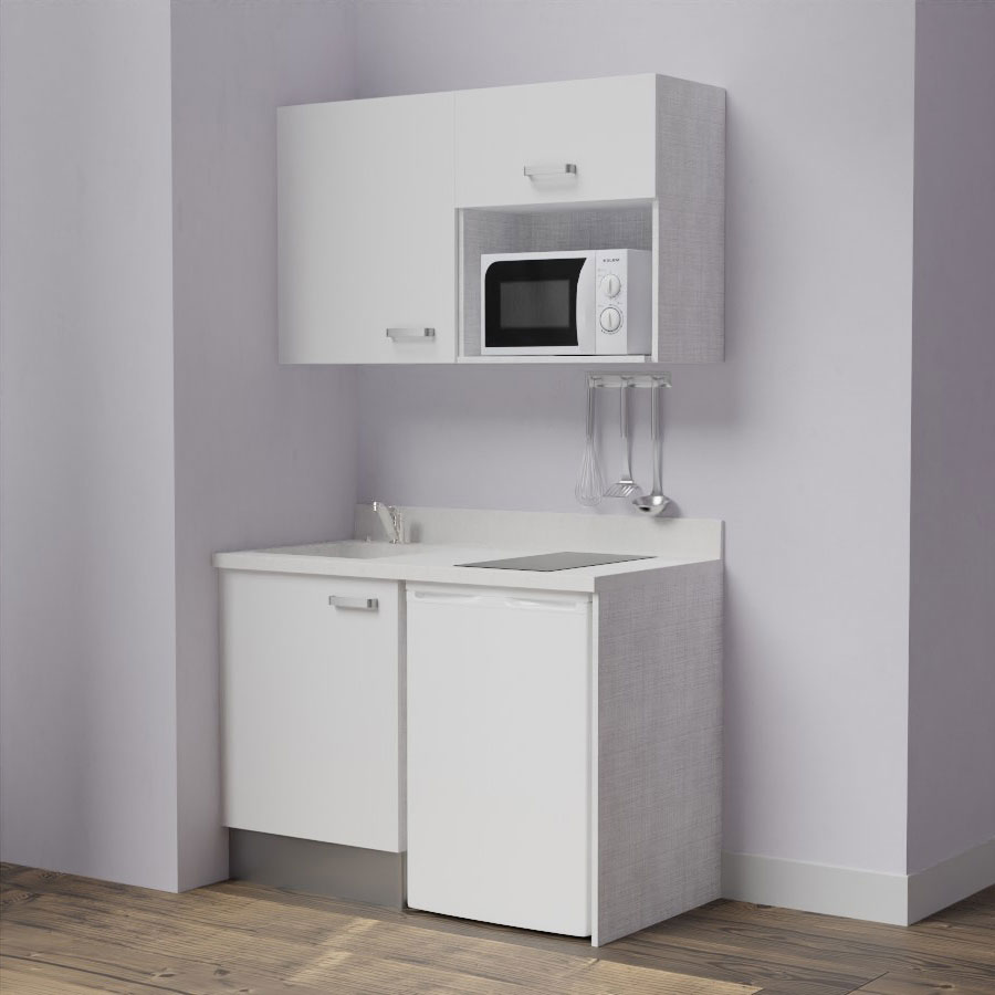 K07L : Kitchenette 120 cm Blanc, plan de travail monobloc évier à gauche Snova