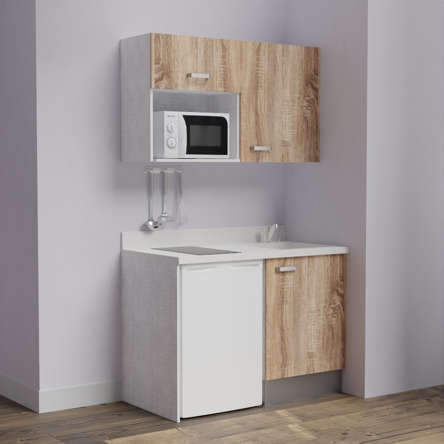 K07L : Kitchenette 120 cm Chêne, plan de travail monobloc évier à droite Snova