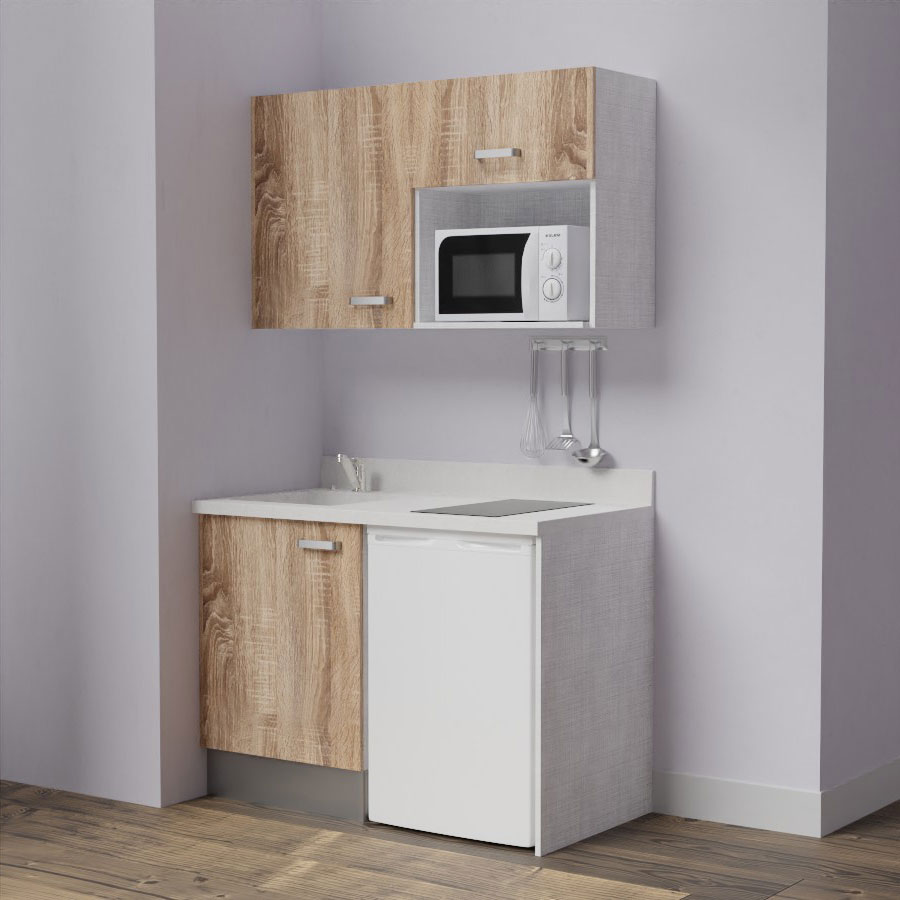 K07L : Kitchenette 120 cm Chêne, plan de travail monobloc évier à gauche Snova